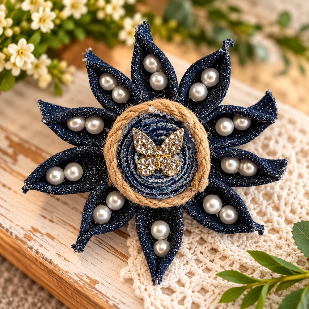 Handmade Denim Flower Magnet Faux Pearl Rhinestone Butterfly Magnet 6